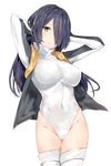  arms_up black_hair breasts cameltoe closed_mouth covered_navel cowboy_shot emperor_penguin_(kemono_friends) expressionless hair_over_one_eye headphones highleg highleg_leotard highres hood hooded_jacket hoodie jacket kemono_friends large_breasts leotard long_hair looking_at_viewer multicolored_hair open_clothes open_hoodie open_jacket silver_(chenwen) simple_background solo streaked_hair thighhighs white_background white_legwear yellow_eyes 