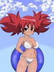  1girl bare_arms bare_shoulders bare_thighs big_hair bikini blush breasts buoy capcom cloud earring eyeshadow hand_behind_back iroaya_madoi large_breasts lipstick makeup midriff navel pigtails rockman rockman_exe sky solo standing swimsuit twintails white_bikini 