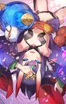  alcohol amulet armpits blue_eyes breasts commentary_request cup eyebrows_visible_through_hair eyeliner fate/grand_order fate_(series) horns japanese_clothes kimono looking_at_viewer lying makeup navel obi on_back oni oni_horns open_mouth petals purple_hair saitou_naoki sakazuki sake sash short_hair shuten_douji_(fate/grand_order) small_breasts smile solo teeth 