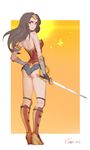  2017 absurdres armor artist_name ass back black_hair bracer dated dc_comics fingerless_gloves from_behind gaoerji gloves greaves highres lasso long_hair looking_at_viewer looking_back parted_lips signature skirt smile solo standing strapless sword tiara weapon wonder_woman wonder_woman_(series) 