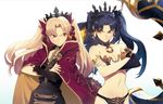  :/ angry armlet bangs bare_arms bare_shoulders bikini black_bikini black_dress black_gloves black_hair black_ribbon blonde_hair breasts bridal_gauntlets chain cleavage closed_mouth collar collarbone commentary_request crossed_arms dress earrings elbow_gloves ereshkigal_(fate/grand_order) eye_contact fate/grand_order fate_(series) fire gloves gold_trim groin hair_ribbon half-closed_eye ishtar_(fate/grand_order) jewelry lightning_glare long_hair looking_at_another medium_breasts multiple_girls navel parted_bangs pink_cape pink_ribbon red_eyes ribbon ryota-h simple_background single_elbow_glove skull spark stomach swimsuit tiara twintails v-shaped_eyebrows very_long_hair white_background 