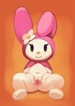  2017 anthro big_ears black_eyes bottomless clothed clothing cute eyelashes female flower fridge_(artist) fur hi_res hood lagomorph looking_at_viewer mammal mostly_nude my_melody navel orange_background orange_nose plant please_my_melody presenting presenting_pussy pussy rabbit sanrio simple_background sitting smile solo spread_legs spread_pussy spreading white_fur 
