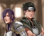  annelie armor artist_name bad_id bad_pixiv_id brown_hair closed_eyes crossed_arms dated fire_emblem fire_emblem_echoes:_mou_hitori_no_eiyuuou headband kamui_(fire_emblem_gaiden) leo_(fire_emblem) long_hair male_focus multiple_boys open_mouth purple_eyes purple_hair teeth 