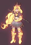  2016 bonfire-chan brown_background clothed clothing crankyconstruct crown dark_souls elemental female fire_elemental glowing glowing_eyes holding_object humanoid looking_at_viewer melee_weapon simple_background skull smile solo standing sword two_best_friends_play video_games weapon 