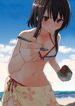 bare_shoulders beach bikini black_hair breasts cleavage collarbone commentary_request day food frilled_bikini_top frills hair_between_eyes highres holding holding_food holding_spoon kantai_collection large_breasts masukuza_j ocean outdoors red_eyes shaved_ice short_hair sidelocks solo spoon swimsuit yamashiro_(kantai_collection) 