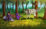  canine day digital_media_(artwork) duo feral forest fur fuzzymaro grey_fur hybrid mammal meadow plant pose tree wolf 