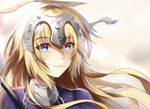  armor armored_dress blonde_hair blue_eyes capelet chain fate/apocrypha fate_(series) faulds flag gauntlets headpiece highres jeanne_d'arc_(fate) jeanne_d'arc_(fate)_(all) long_hair looking_at_viewer rekung smile solo 