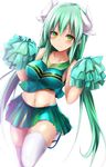  aqua_hair blush breasts cheerleader fate/grand_order fate_(series) horns kiyohime_(fate/grand_order) long_hair looking_at_viewer low_twintails medium_breasts midriff navel pom_poms sandals sen_(astronomy) simple_background skirt smile solo thighhighs twintails white_background white_legwear yellow_eyes 