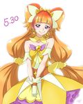  amanogawa_kirara brown_hair c: chocokin closed_mouth cowboy_shot cure_twinkle detached_collar earrings gloves go!_princess_precure jewelry long_hair looking_at_viewer low-tied_long_hair magical_girl multicolored_hair precure purple_eyes quad_tails red_hair skirt smile solo star star_earrings streaked_hair twintails two-tone_hair v_arms white_background white_gloves yellow_skirt 