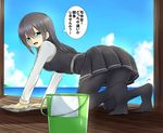  all_fours alternate_eye_color asashio_(kantai_collection) ass baretto_(karasi07) black_hair black_legwear blush breasts bucket cloud day hair_between_eyes kantai_collection knees_together_feet_apart long_hair long_sleeves looking_at_viewer no_shoes ocean open_mouth pantyhose rag remodel_(kantai_collection) sky small_breasts soles solo towel translation_request wiping 