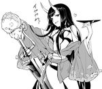  alternate_hair_length alternate_hairstyle breasts commentary_request cowboy_shot cup dashi_(minzoku_gb) fate/grand_order fate_(series) greyscale heart holding holding_cup horns japanese_clothes kimono long_hair monochrome oni oni_horns open_mouth sakazuki shuten_douji_(fate/grand_order) small_breasts smile solo sword thick_eyebrows weapon white_background 
