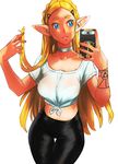  1girl alternate_universe black_pants blonde_hair blue_eyes breasts casual cellphone choker highres imdsound midriff pants phone pointy_ears princess_zelda shirt smartphone smile solo the_legend_of_zelda the_legend_of_zelda:_breath_of_the_wild thigh_gap tied_shirt 