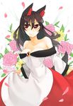  animal_ears bare_shoulders blouse breasts brown_hair cleavage collarbone commentary_request curtsey fang highres imaizumi_kagerou ke-su long_hair long_skirt medium_breasts off_shoulder red_eyes red_skirt skirt skirt_hold slit_pupils smile solo tail touhou white_blouse wolf_ears wolf_tail 