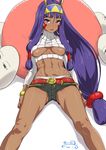  abs blush breasts breasts_apart crop_top dark_skin earrings egyptian facial_mark fate/grand_order fate_(series) hairband hoop_earrings jewelry long_hair looking_at_viewer medium_breasts medjed meme_attire midriff navel nitocris_(fate/grand_order) no_bra open-chest_sweater open_mouth panties purple_eyes purple_hair short_shorts shorts signature solo suna sweater toned underboob underwear very_long_hair white_panties 