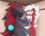  2017 ambiguous_gender anthro aoinu blue_eyes blue_fur claws eyes_closed fur grey_fur group group_sex lucario lycanroc midnight_lycanroc nintendo open_mouth oral pink_eyes pok&eacute;mon questionable_consent red_fur sex tears threesome video_games white_fur zoroark 