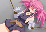  1girl bare_shoulders belt blue_eyes blush breasts dress elbow_gloves gloves grey_background long_hair looking_at_viewer no_panties open_mouth pink_hair presea_combatir restrained small_breasts solo tales_of_(series) tales_of_symphonia twintails 