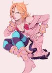  blonde_hair blue_eyes boots cosplay dvqjo highres johnny_joestar jojo_no_kimyou_na_bouken lipstick lucy_steel lucy_steel_(cosplay) makeup male_focus orange_hair otoko_no_ko solo star star_print steel_ball_run striped striped_legwear thighhighs 