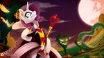  2016 alice_in_wonderland ashley-arctic-fox blue_eyes clothed clothing cloud crown detailed_background equine female feral food friendship_is_magic fruit full_moon grass hair halloween holidays horn insane landscape looking_at_viewer mammal moon my_little_pony outside patreon plant pumpkin purple_hair rarity_(mlp) scepter sky solo tree unicorn 