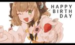  1girl blush breasts brown_hair cake choker green_eyes hairband leia_rolando open_mouth short_hair strawberry tales_of_(series) tales_of_xillia wink 
