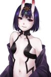  aoki_eichi bob_cut breasts closed_mouth fate/grand_order fate_(series) horns looking_at_viewer navel oni oni_horns pale_skin purple_eyes purple_hair short_hair shuten_douji_(fate/grand_order) simple_background small_breasts solo white_background 