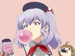  ahoge beret bubble_blowing chewing_gum chibi epaulettes frilled_sleeves frills gloves hat headgear ishii_hisao kantai_collection kashima_(kantai_collection) kerchief kongou_(kantai_collection) long_hair military military_uniform multiple_girls purple_eyes purple_hair rectangular_mouth twintails uniform wavy_hair you're_doing_it_wrong 