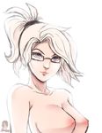  1girl areolae artist_name artist_request black-framed_glasses blonde_hair blue_eyes breasts collarbone glasses large_breasts lips long_hair looking_at_viewer mercy_(overwatch) nipples overwatch ponytail smile solo white_background 