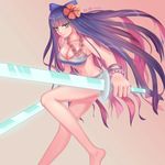  1girl aqua_eyes bikini breasts cleavage hair_bow hair_flower large_breasts long_hair looking_at_viewer multicolored_hai multicolored_hair panty_&amp;_stocking_with_garterbelt pink_hair purple_hair r smile solo stocking_(psg) striped sword two-tone_hair weapon 