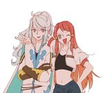 1boy 1girl blue_eyes blue_hair breasts cape coat gloves hair_ornament hair_tubes hairclip long_hair midriff mikleo_(tales) navel one_eye_closed open_mouth ponytail purple_eyes red_hair rose_(tales) shorts tales_of_(series) tales_of_zestiria v wink 