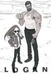  1girl backpack bag beard black_hair claws commentary copyright_name facial_hair father_and_daughter height_difference hekoko jacket laura_kinney logan_(movie) long_hair long_sleeves looking_at_viewer monochrome muscle pants simple_background size_difference sunglasses wolverine x-men 
