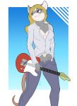  2019 5_fingers anthro blonde_hair blue_bottomwear blue_clothing blue_pants breasts cleavage clothed clothing didelphid digital_media_(artwork) electric_guitar female ferret front_view fully_clothed fur grey_fur guitar hair hi_res holding_musical_instrument holding_object hybrid jamie_(tenpoundhammer) long_hair mammal marsupial multicolored_fur musical_instrument mustelid navel navel_piercing nipple_bulge open_pants pants piercing pink_tail portrait purple_eyes shirt skipsy solo standing three-quarter_portrait two_tone_fur white_fur white_nose 