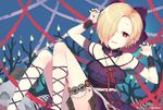  :d bad_id bad_pixiv_id blonde_hair bracelet choker claw_pose commentary_request ear_piercing earrings garter_belt gem hair_over_one_eye idolmaster idolmaster_cinderella_girls idolmaster_cinderella_girls_starlight_stage jewelry looking_at_viewer multiple_piercings nail_polish necklace open_mouth piercing red_eyes ribbon ribbon_shoes shirasaka_koume short_hair silltare sitting skull smile solo 