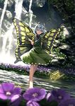  antennae barefoot blue_hair brown_eyes bug butterfly butterfly_wings commentary_request day dress eternity_larva flower full_body green_dress hair_between_eyes hair_ornament highres insect leaf leaf_hair_ornament leaf_on_head looking_at_viewer outdoors ryosios short_dress short_hair solo touhou water waterfall wings 