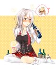  1girl ? alcohol blonde_hair bottle breasts brown_eyes commentary cup drinking_glass drunk highres kantai_collection large_breasts long_hair mine_r888 miniskirt no_hat no_headwear open_mouth pola_(kantai_collection) silver_hair sitting skirt solo spoken_question_mark star starry_background thighhighs white_legwear wine wine_bottle wine_glass yokozuwari zara_(kantai_collection) 