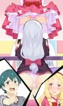  2girls ass blonde_hair blush book bookshelf bow controller curly_hair drawing_tablet dress dress_lift eromanga_sensei facing_away from_behind game_console green_hair hair_bow hairband headphones highres holding indoors izumi_masamune izumi_sagiri lifted_by_self long_hair multiple_girls off_shoulder open_mouth panties pink_bow pink_dress pink_panties playstation_4 pointing purple_shirt red_bow red_hairband shirt silver_hair sitting standing stylus table thighhighs underwear white_bow white_legwear white_panties yamada_elf yijian_ma 