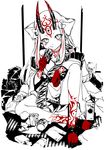  banned_artist chocolate eating fate/grand_order fate_(series) horns ibaraki_douji_(fate/grand_order) long_hair looking_at_viewer messy_room oni_horns partially_colored s_tanly sitting solo tattoo 