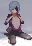  bad_anatomy blue_hair breasts eyepatch gina_dickinson god_eater highres long_hair mob3 navel nipples open_clothes open_shirt red_eyes scarf shirt sitting small_breasts solo wariza 