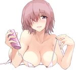  absurdres bare_shoulders bikini breast_rest breasts cleavage eyebrows_visible_through_hair fate/grand_order fate_(series) hair_over_one_eye highres large_breasts light_smile lying mash_kyrielight medium_breasts on_stomach open_mouth parted_lips pink_hair purple_eyes purple_hair short_hair shunichi simple_background smile solo swimsuit undressing untied untied_bikini white_background white_bikini 