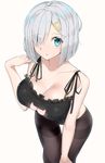  bad_id bad_pixiv_id black_bra black_legwear blue_eyes bra breasts cat_cutout cleavage crotch_seam eyebrows_visible_through_hair eyes_visible_through_hair hair_ornament hair_over_one_eye hairclip hamakaze_(kantai_collection) highres kantai_collection large_breasts leaning_forward looking_at_viewer meme_attire pantyhose parted_lips short_hair silver_hair simple_background solo suzuharu_toufu thighband_pantyhose underwear underwear_only 