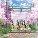  :d album_cover arm_up bag bang_dream! black_hair black_legwear blonde_hair bow bowtie brown_hair brown_shirt brown_skirt cherry_blossoms collarbone cover day full_body hair_between_eyes hair_ribbon hanasakigawa_school_uniform hanazono_tae high_ponytail highres holding_hands ichigaya_arisa leg_up long_hair miniskirt multiple_girls official_art open_mouth outdoors pantyhose pleated_skirt red_bow red_neckwear ribbon school_bag school_uniform shirt short_hair skirt smile socks standing toyama_kasumi tree twintails ushigome_rimi white_ribbon yamabuki_saaya 