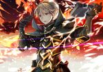  armor black_armor blonde_hair book branch brynhildr_(tome) capelet collar fire fire_emblem fire_emblem_if gauntlets gloves hairband kero_sweet leon_(fire_emblem_if) male_focus open_mouth red_eyes solo 