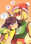  ahoge arms_(game) bangs beanie blonde_hair bodysuit brown_hair chinese_clothes domino_mask facepaint goggles green_eyes hat highres hug mask mechanica_(arms) min_min_(arms) multiple_girls purple_eyes runapiero short_hair yuri 