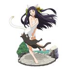  animal_ears arms_up barefoot bell black_hair bow breasts cat cat_ears cat_tail character_request cleavage collarbone floating_hair full_body green_bow hair_bell hair_bow hair_ornament large_breasts long_hair naked_towel official_art outstretched_arms simple_background slit_pupils solo standing sword_art_online sword_art_online:_code_register tail towel towel_tug very_long_hair white_background white_towel yellow_eyes 