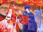  1girl autumn_leaves blue_eyes blue_hair brown_eyes brown_hair couple fan hetero japanese_clothes kaito kimono leaf maple_leaf meiko short_hair tonyo_(milky_crown) tree tsugai_kogarashi_(vocaloid) vocaloid yukata 