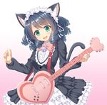  animal_ears bell black_hair blush cat_ears cat_tail commentary curly_hair cyan_(show_by_rock!!) gothic_lolita gradient gradient_background green_eyes guitar instrument lolita_fashion long_sleeves looking_down maid_headdress open_mouth show_by_rock!! smile solo tail yuukyan_(ucan85) 