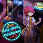  1girl arcade arcade_cabinet crescent_moon english_text from_behind hair_over_one_eye hakuro96 hand_up highres looking_at_viewer looking_back moon original planet playing_games red_hair saturn short_hair sign smile solo sun video_game waves 