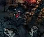  anthro black_fur blood bowl canine chain clothing collar crookedtrees female fur glowing glowing_eyes lying mammal meat multi_nipple nipples on_back open_mouth open_smile sharp_teeth smile teeth torn_clothing were werewolf white_eyes 