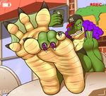  2016 4_toes anthro bra breasts brown_eyes camera chair claws clothing crocodile crocodilian feet female foot_focus green_scales hair hat hi_res humanoid_feet multicolored_scales non-mammal_breasts outside plantigrade purple_hair recording reptile reverse_v_sign scales scalie selfie sharp_claws sharp_teeth smile soles solo table tan_scales teeth toe_claws toe_curl toes two_tone_scales underwear webbed_feet zp92 