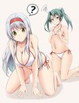  ? all_fours ass_visible_through_thighs bangs barefoot bikini blush breast_envy breast_squeeze breasts brown_eyes cleavage closed_mouth collarbone covering covering_breasts eyebrows_visible_through_hair flat_chest frown full_body fuuma_nagi grey_hair hairband kantai_collection kneeling large_breasts long_hair looking_at_viewer multiple_girls navel red_hairband shoukaku_(kantai_collection) side-tie_bikini simple_background spoken_question_mark squiggle swimsuit twintails white_background white_bikini white_hair yellow_eyes zuikaku_(kantai_collection) 