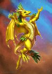  3_toes 4_fingers anthro curved_horn dragon feathered_dragon feathers featureless_crotch female horn karol_pawlinski membranous_wings open_mouth smile solo toes tongue wide_hips wings yellow_scale yellow_skin 