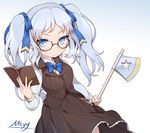  axe blue_bow blue_eyes blue_hair blue_neckwear book bow bowtie brown_dress closed_mouth dress glasses hair_ribbon holding holding_axe holding_book looking_at_viewer mtyy name_tag pleated_skirt ribbon shirt simple_background skirt solo star striped striped_dress twintails waistcoat washington_(zhan_jian_shao_nyu) weapon zhan_jian_shao_nyu 